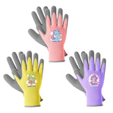 COOLJOB kids gardening gloves in purple, pink, and yellow for fun outdoor activities.