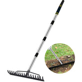 Coopvivi heavy-duty garden rake with 17-tine head for leaf cleanup
