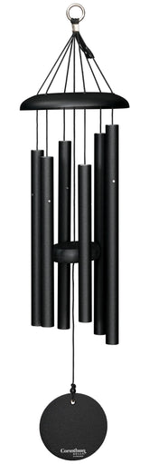 Corinthian Bells 27in black wind chime dome closeup, showcasing durable aluminum for outdoors.