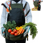Cover Geny gardening apron with waterproof cross-back strap for all-day comfort.