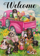 Covido welcome Easter eggs pink truck flag showcases cheerful spring vibes for porches and yards.