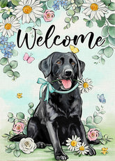 Covido welcome spring flag featuring a black Labrador, daisies, and eucalyptus for vibrant yard charm.