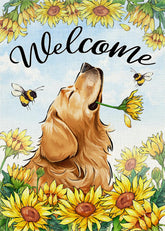 Covido Welcome Spring flag with golden retriever and sunflowers boosts curb appeal.