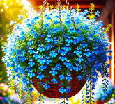 Cozy Crib Seeds Lobelia Blue Cascade blooms brighten containers with vibrant blue color.