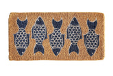 Creative Co-Op natural coir doormat with five blue fish, ideal for welcoming guests outdoors.