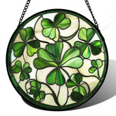 CRISGIF Ireland green lucky clover suncatcher enhances windows with vibrant stained glass color.