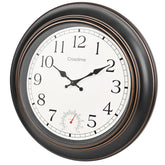 Crosstime 18-inch outdoor clock bronze front for easy patio readability.