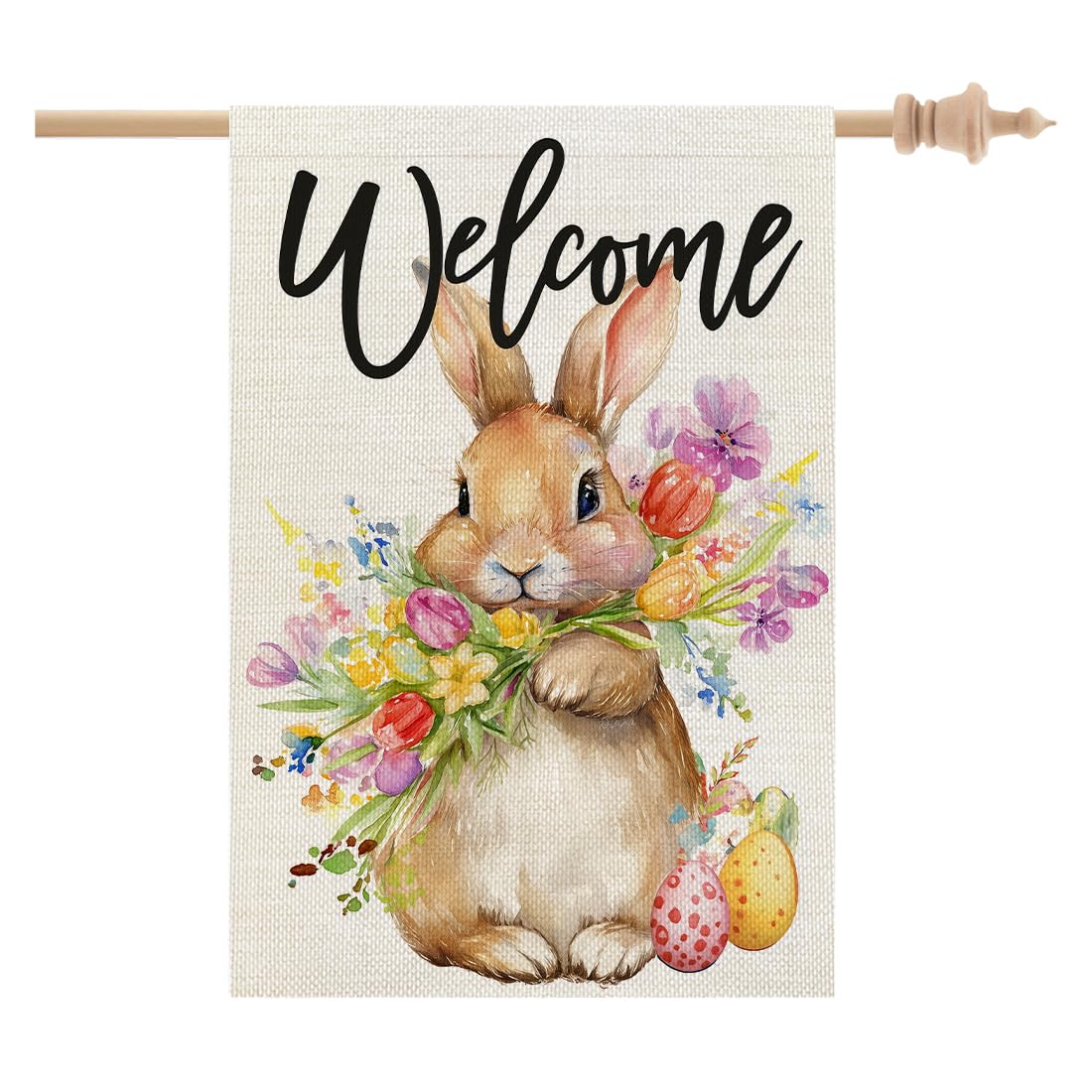 CROWNED BEAUTY Easter Bunny House Flag front view boosts curb appeal with double-sided design.