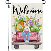 CROWNED BEAUTY Easter flag featuring bunnies and eggs for outdoor display.
