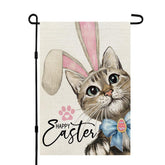 CROWNED BEAUTY Happy Easter Cat flag front view, vibrant outdoor decor for the garden.