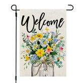 CROWNED BEAUTY spring floral garden flag with mason jar design beautifies outdoor space.