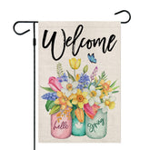 CROWNED BEAUTY spring garden flag front view with bright flowers for outdoor curb appeal.
