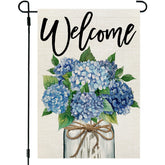 CROWNED BEAUTY spring flag with hydrangea mason jar, double-sided for bright outdoor display