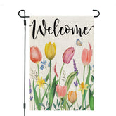 CROWNED BEAUTY spring garden flag with tulips welcomes guests outdoors.