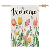 CROWNED BEAUTY spring house flag with tulip design welcomes guests outdoors.