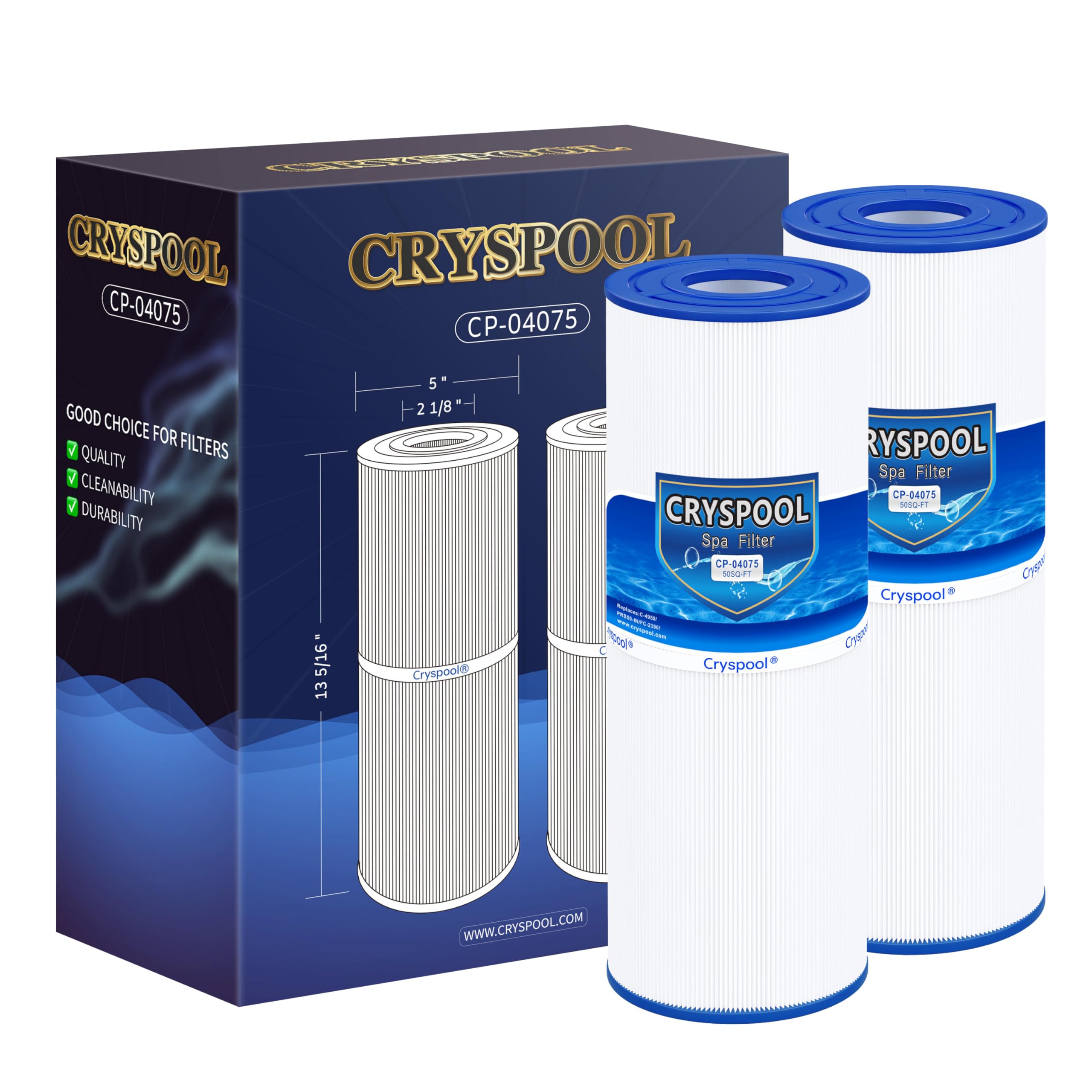 Cryspool 04075 filter side view showing compatibility with spa models