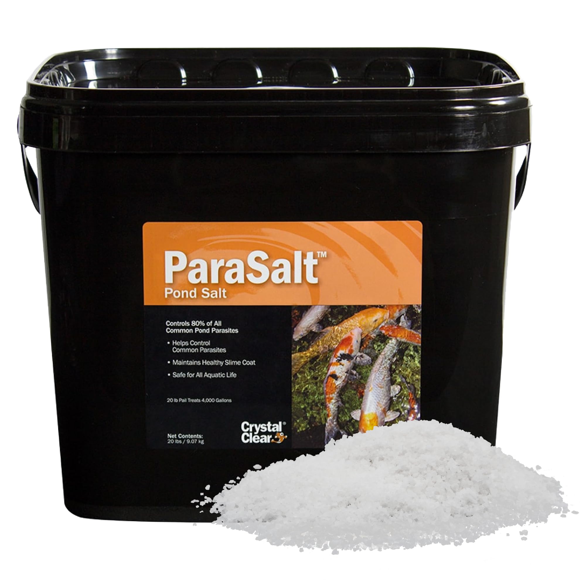 CrystalClear ParaSalt outdoor pond salt crystals promoting slime coat health and parasite defense.