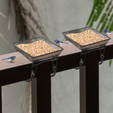Cunhill deck railing bird feeder tray mounted on balcony for easy bird watching.