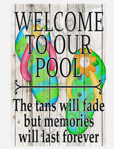 Cusde pool sign with welcome message in retro tin style for outdoor decor