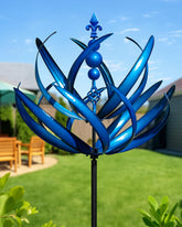 Cyan Oasis 91-inch double-tier wind spinner with blue lotus spins 360 degrees for yard focal points.