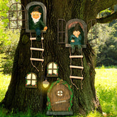 Czlotyh elf out-the-door tree hugger greets guests with whimsy.