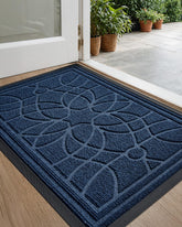 DEXI front door mat for outdoor entrances; blue color welcoming while trapping dirt and moisture