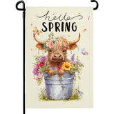 Dacawin Hello Spring Highland Cow flag on porch for seasonal outdoor decoration.
