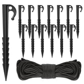DAHAKII 24-pack tent stakes with rope stabilize outdoor inflatables against wind.