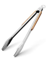Daily Kisn wood-handled grill tongs with walnut grip for precise flipping.