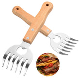 Dashther stainless steel meat shredder claws with long wooden handles for secure grip during grilling.