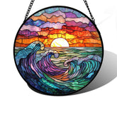 DASTOLL stained glass suncatcher with clouds and waves adds vibrant color to sunlit windows.
