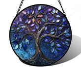 DASTOLL stained glass window hanging with blue purple Tree of Life brightens rooms with natural light.