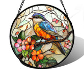 DASTOLL stained glass suncatcher with blue bird and pink flower brightens a window