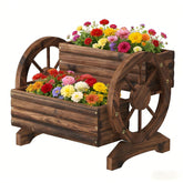 Dawnyard wooden wagon planter front view shows rustic charm for the patio