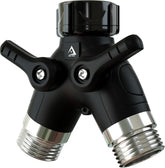 DBR Tech Garden Hose Splitter 2 Way with long handles for smooth turning outdoors.