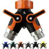 DBR Tech hose splitter orange body with dual outlets for simultaneous watering.
