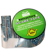 De-Bird dual-sided scare tape roll with iridescent reflections deterring birds.