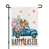 Decorhua Easter garden flag 12x18 with blue truck and rabbits, double-sided for outdoor display.