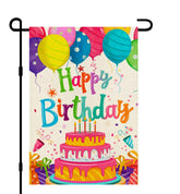 Decorhua Happy Birthday flag with balloon cake topper, outdoors.