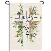 Decorhua spring garden flag with He Is Risen cross floral, double-sided visibility for outdoor display.