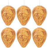 DECYOOL 6-pack orange wasp nest decoy hanging to deter wasps from outdoor spaces.