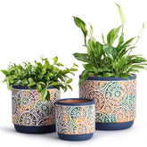 DeeCoo three piece blue ceramic pots with drainage holes for indoor use.
