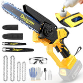 DEJUNPIOOL cordless mini chainsaw shows 6in and 8in chains for flexible cutting.