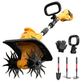 DEJUNPIOOL cordless tiller with DEWALT 20V battery attachment for portable gardening.