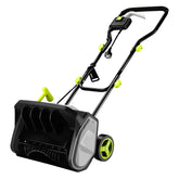 DEKOPRO electric snow shovel with 12-amp motor clearing a driveway.