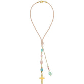 DELORIGIN cross hanging car mirror ornament with amazonite and crystal beads catching sunlight
