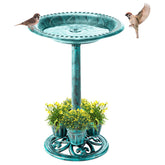 Demeyad bird bath with four planters enhances garden color and invites birds.