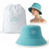 DENHAM & DERBY sauna hat blue on model for comfortable heat protection