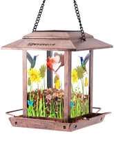 DesGully solar bird feeder top view with four seed outlets for easy bird feeding.