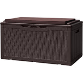 Devoko 100-Gallon deck box with waterproof resin exterior for outdoor cushion storage.
